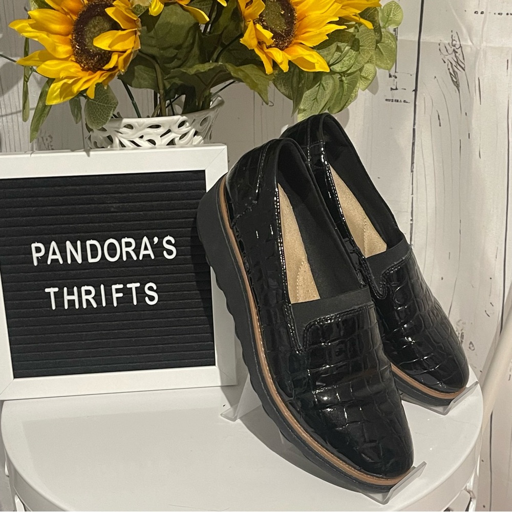 Clarks Black Patent Croc-Embossed Slip-On Loafers
